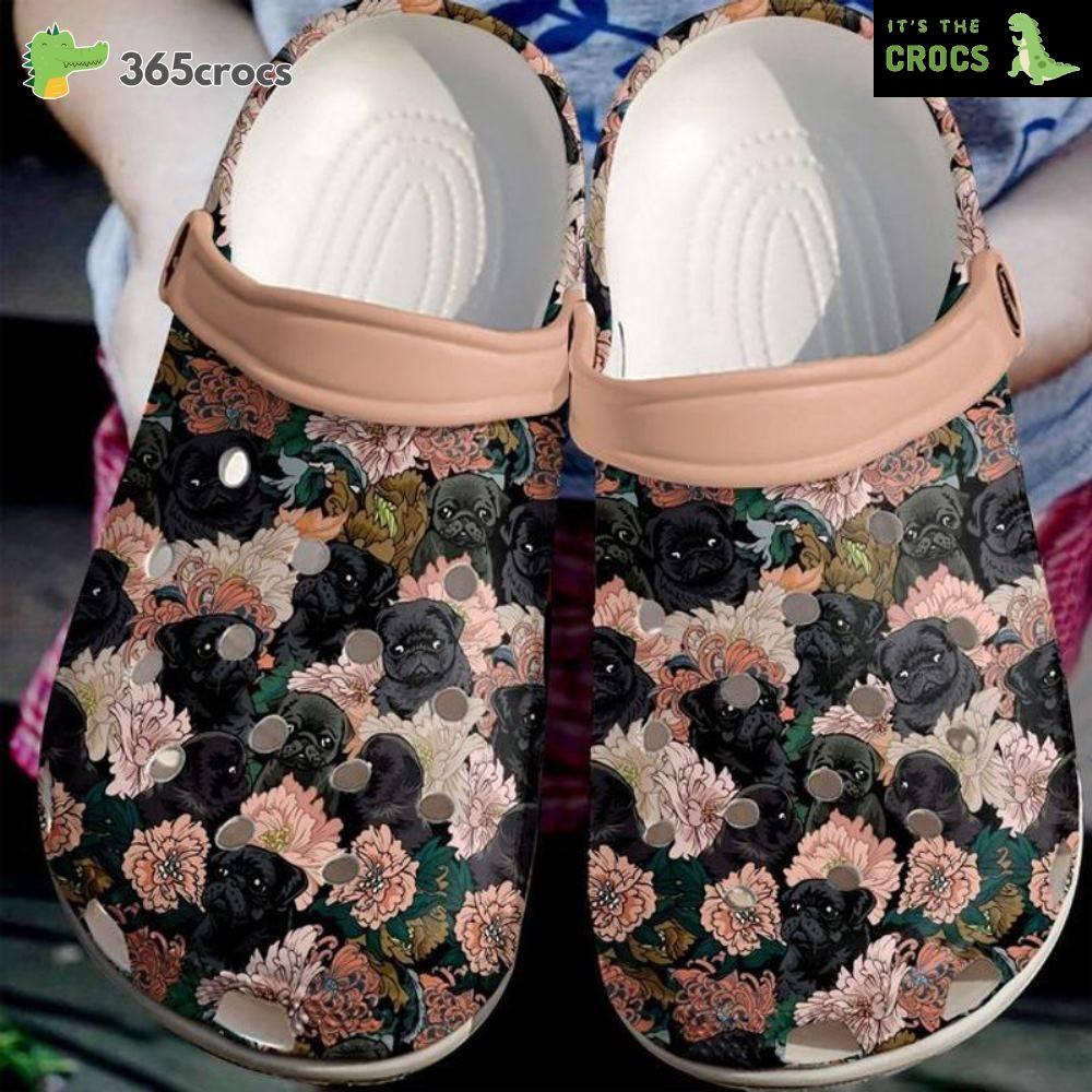 Adorable Pug Flowers Garden Clogs For Girls Love Dogs Black Puppies Crocs Clog Shoes