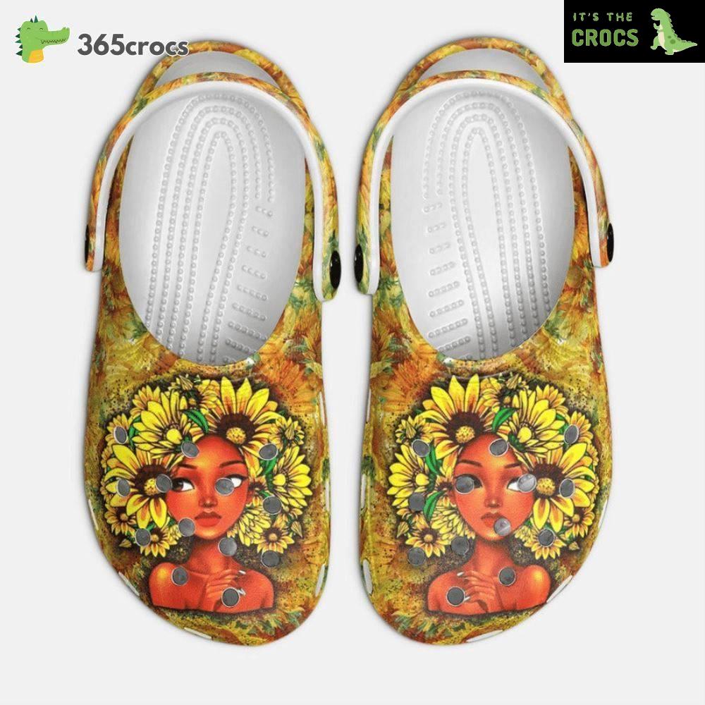 African American Afro Black Girl Sunflower Crocs Clog Shoes