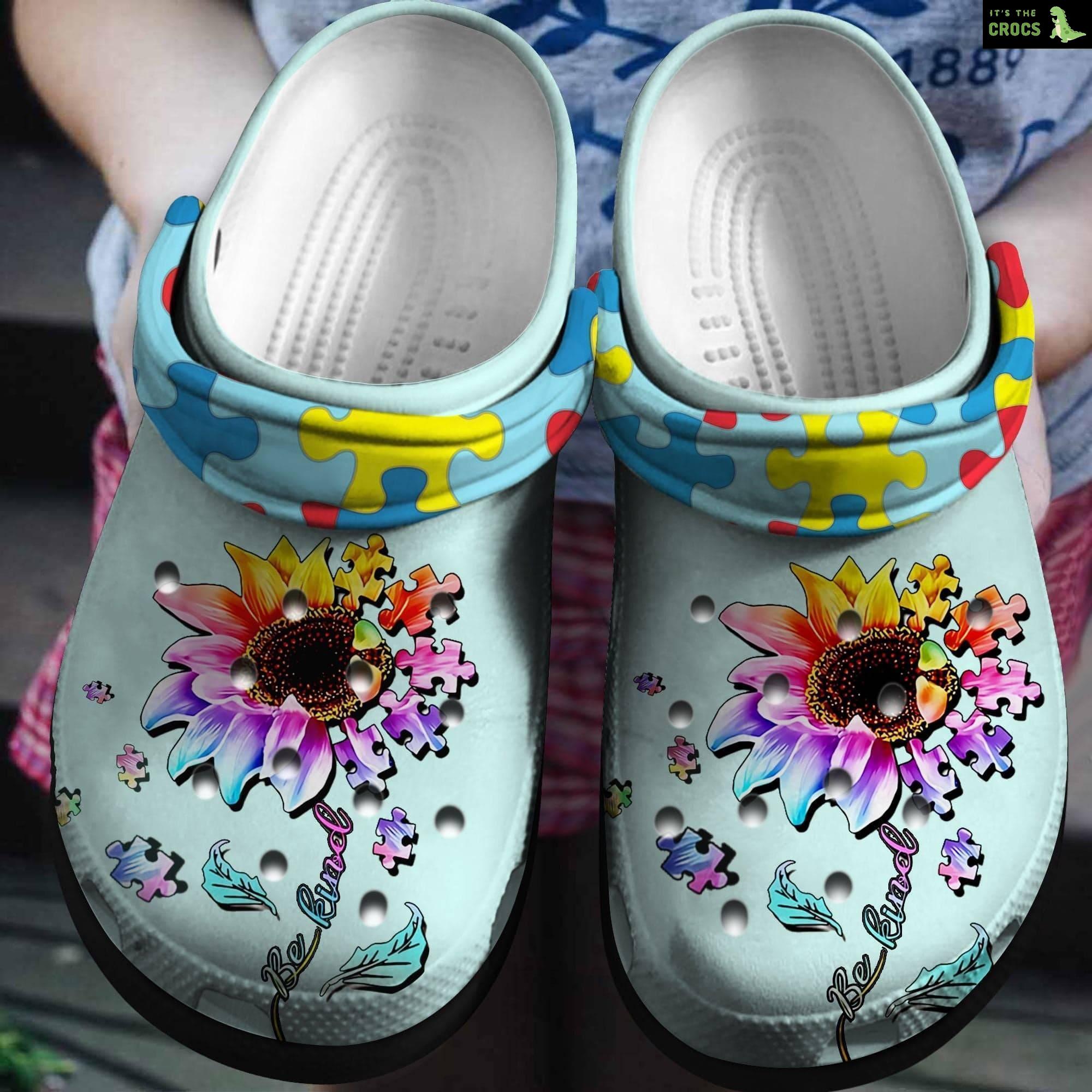 Autism Awareness Crocs Be Kind Sunflower Puzzle Crocband Clog Shoes For Men Women