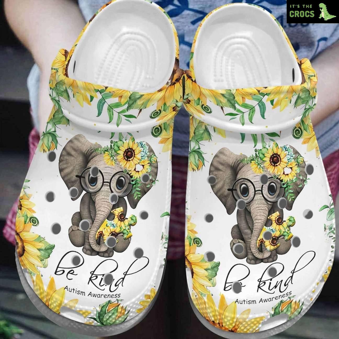 Autism Awareness Day Sunflower Baby Elephant Be Kind Puzzle Pieces Crocband Clog Crocs Shoes