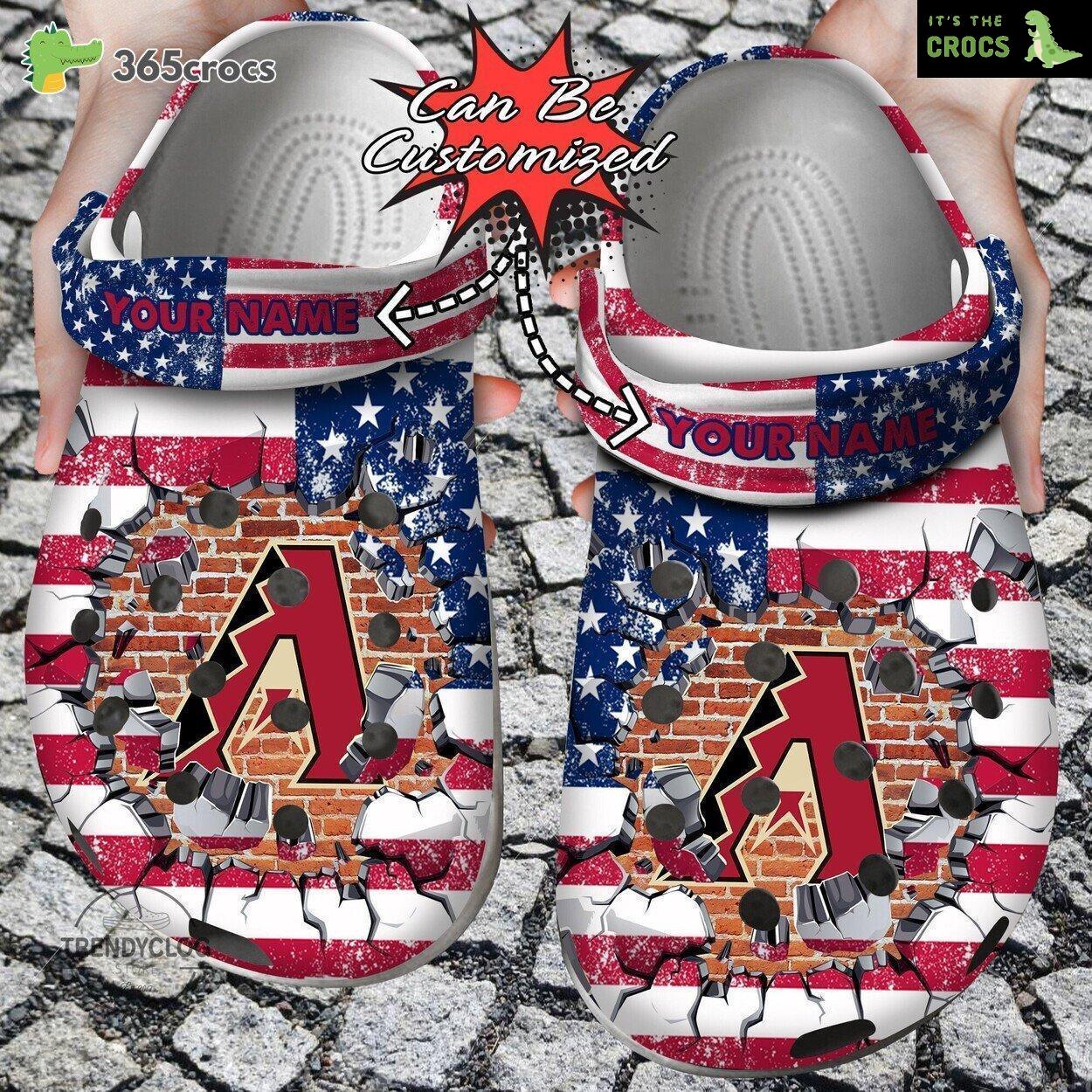 Baseball Personalized Arizona Diamondbacks American Flag Breaking Wall Clog Shoes