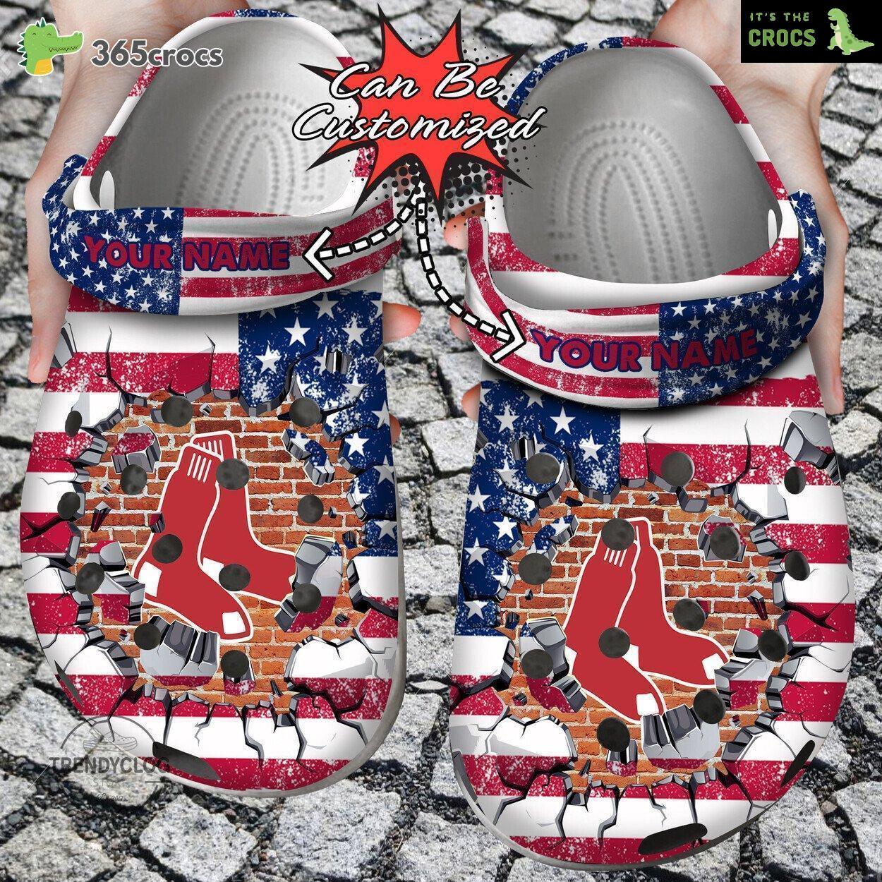 Baseball Personalized Boston Red Sox American Flag Breaking Wall Clog Shoes