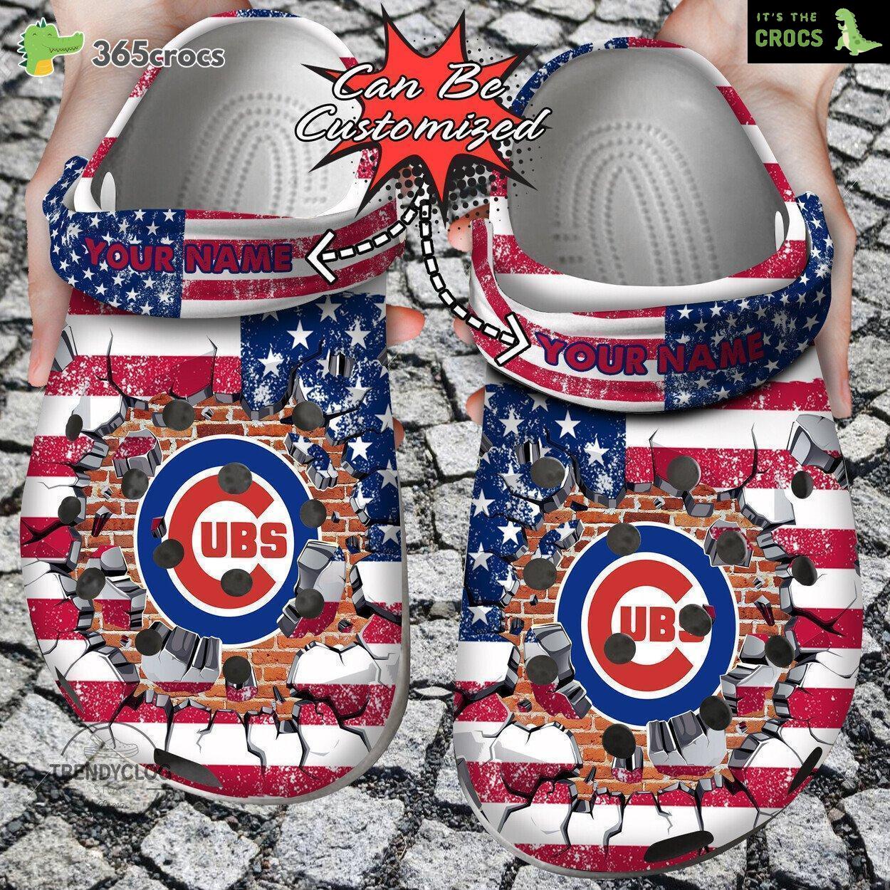 Baseball Personalized Chicago Cubs American Flag Breaking Wall Clog Shoes