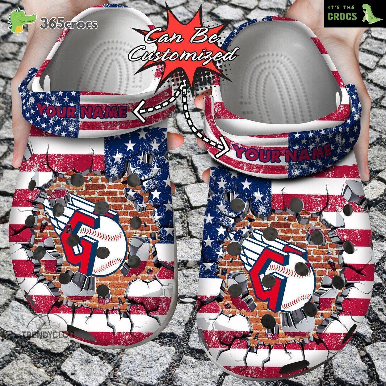 Baseball Personalized Cleveland Guardians American Flag Breaking Wall Clog Shoes