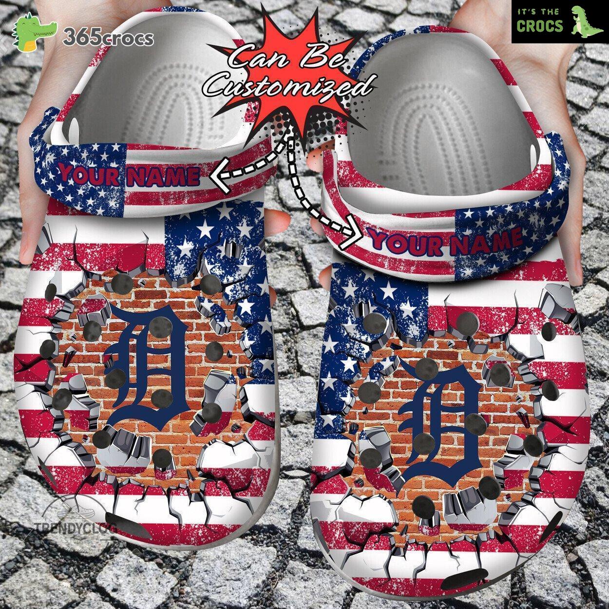 Baseball Personalized Detroit Tigers American Flag Breaking Wall Clog Shoes