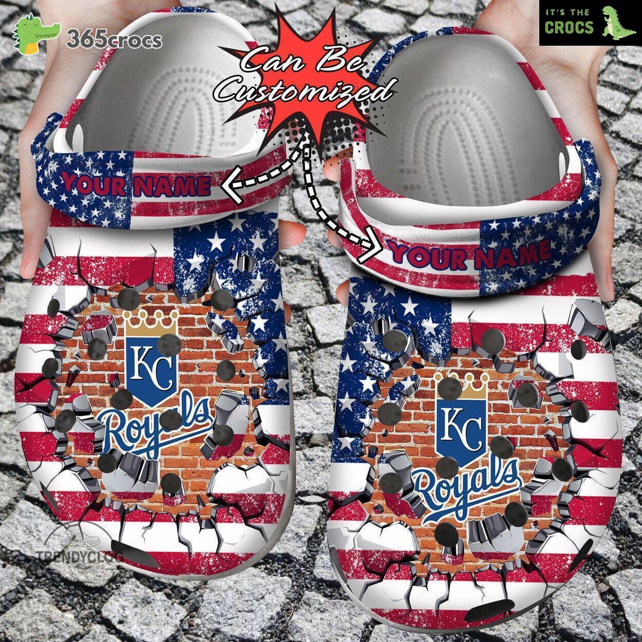 Baseball Personalized Kansas City Royals American Flag Breaking Wall Clog Shoes