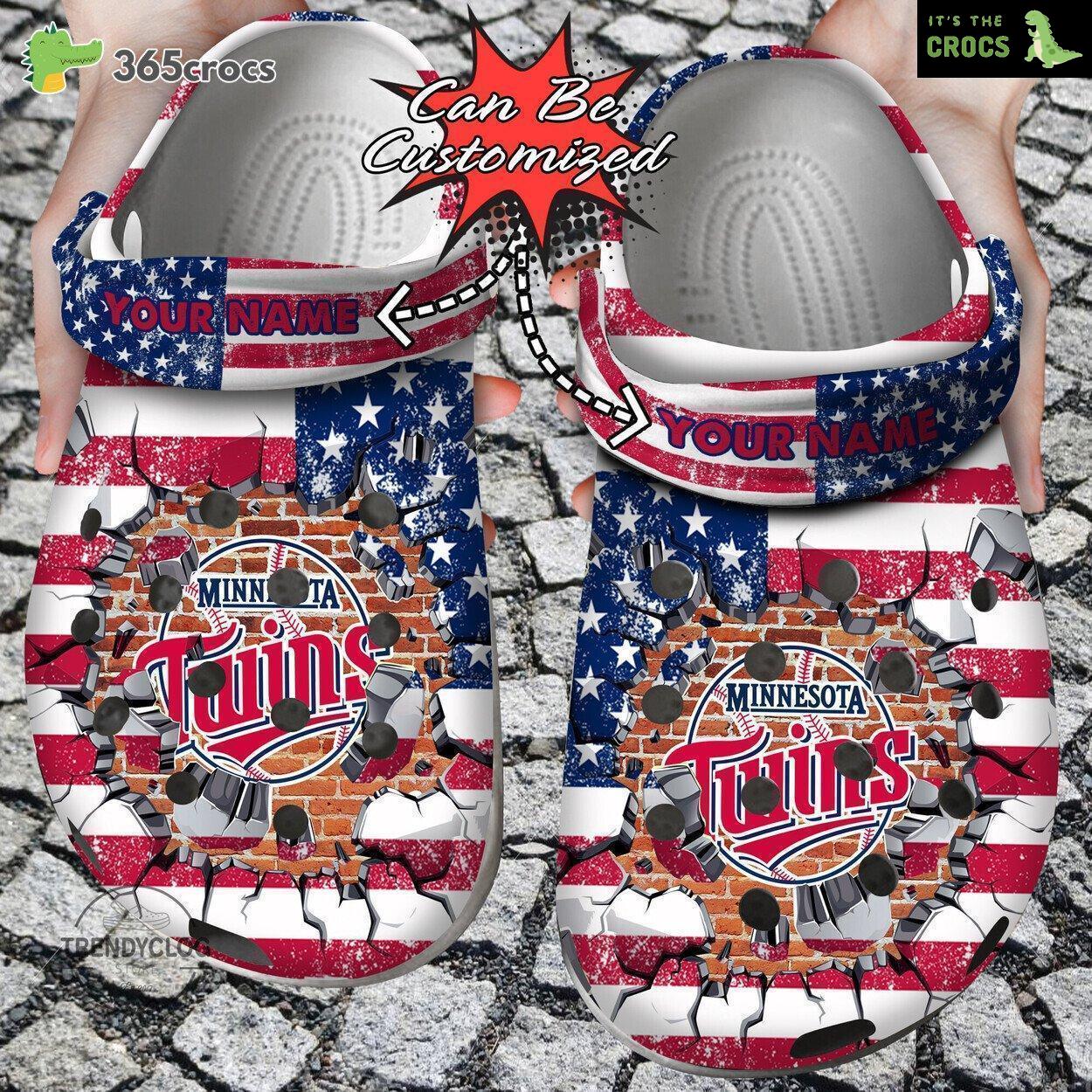 Baseball Personalized Minnesota Twins American Flag Breaking Wall Clog Shoes
