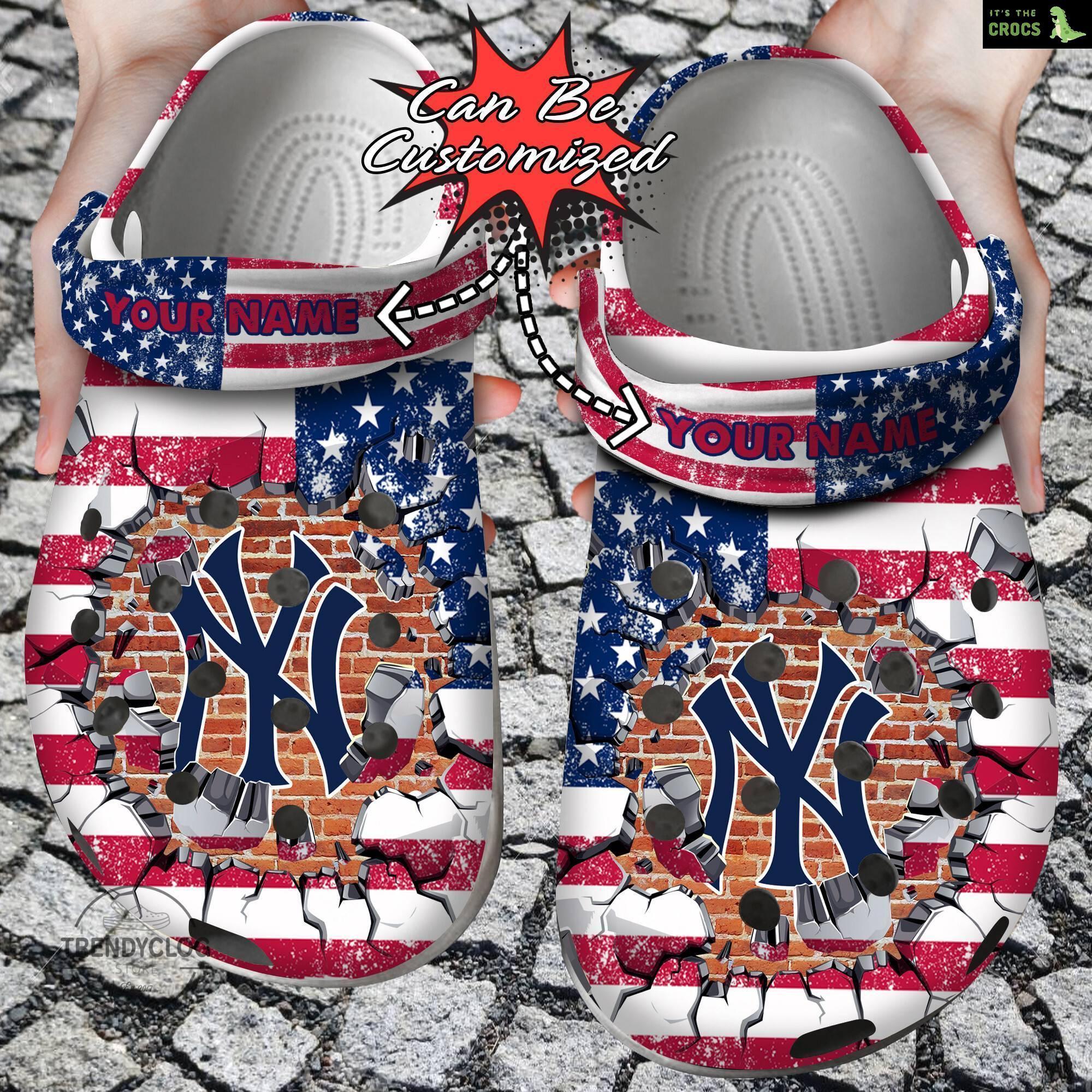 Baseball Personalized NY Yankees American Flag Breaking Wall Clog Crocs Shoes