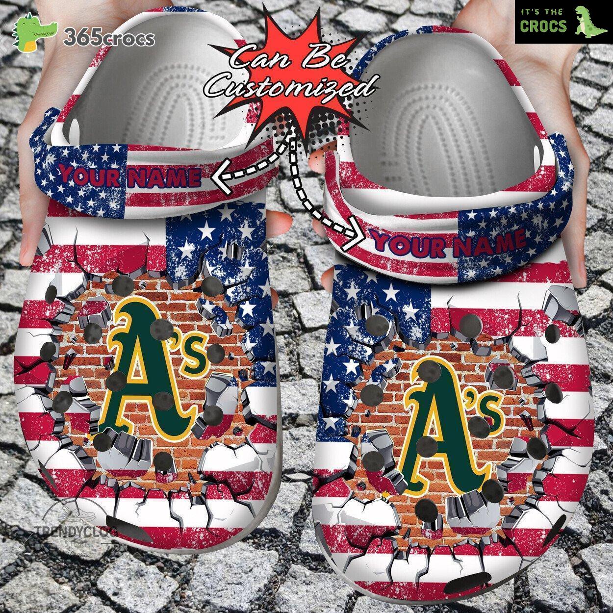 Baseball Personalized Oakland Athletics American Flag Breaking Wall Clog Shoes