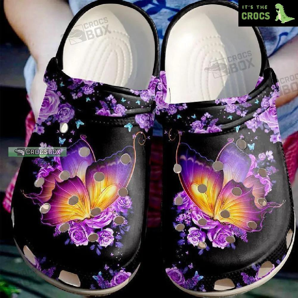 Beautiful Black And Purple Butterfly Crocs Womens