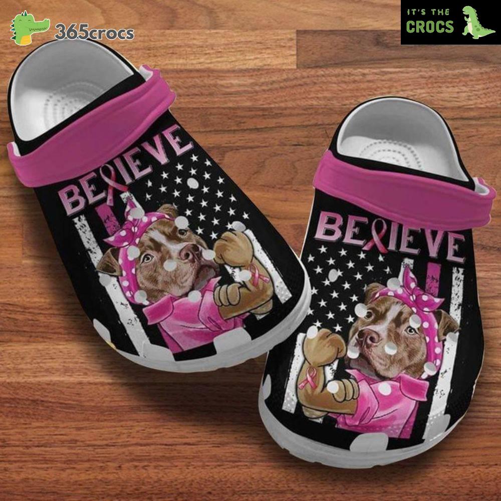 Believe Breast Cancer Warrior Pitbull Puppy October For Pitbull Mom Crocs Clog Shoes