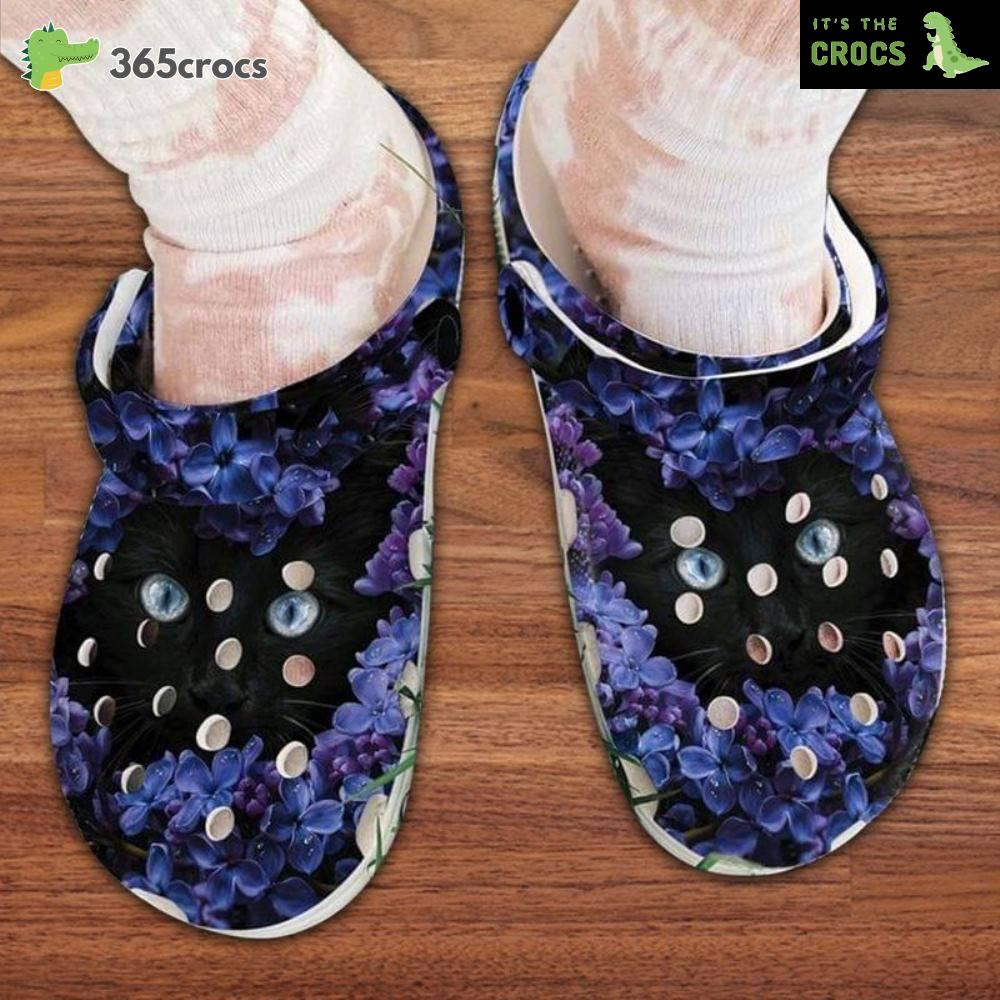 Black Cat And Purple Flower Around Cat Animal Lover Special For Pet Lover Crocs Clog Shoes