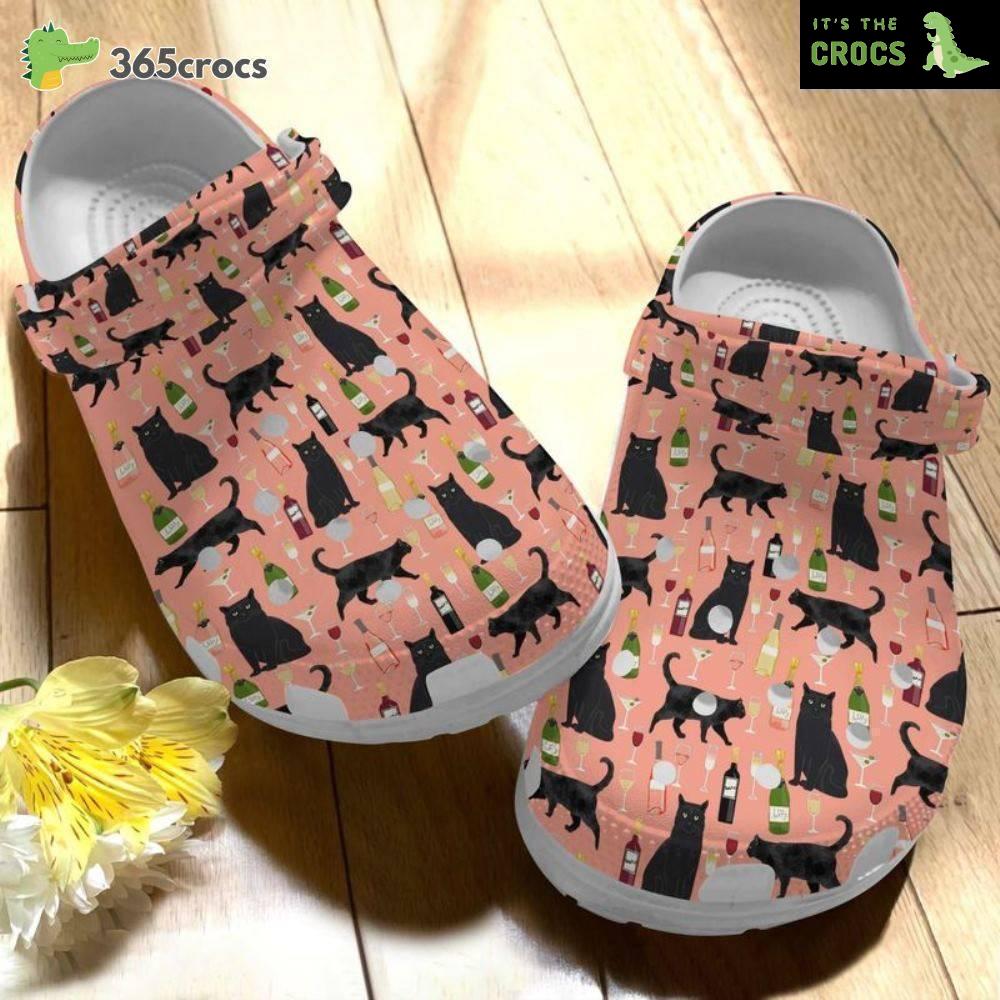 Black Cat And Wine Black Cat Happy New Year Party Croc Black Cat Lovers Crocs Clog Shoes
