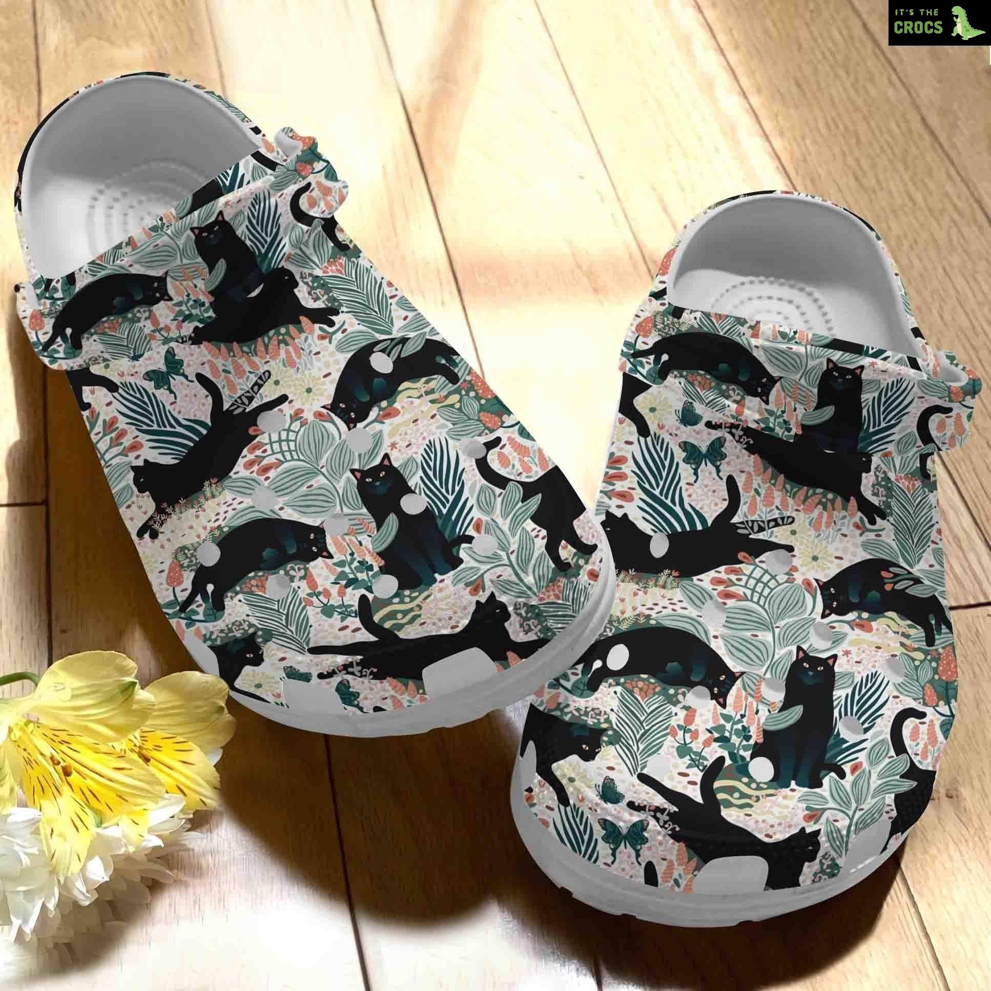 Black Cat In The Garden Floral Cute Vintage Crocs Shoes – Funny Animal clog Birthday Gift