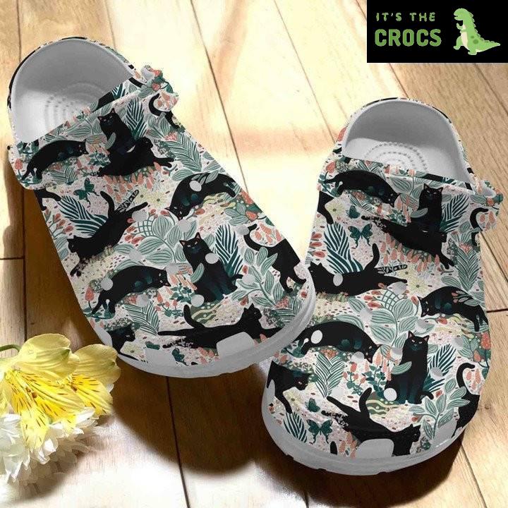 Black Cat In The Garden Floral Cute Vintage Shoes Funny Animal Crocs Clog
