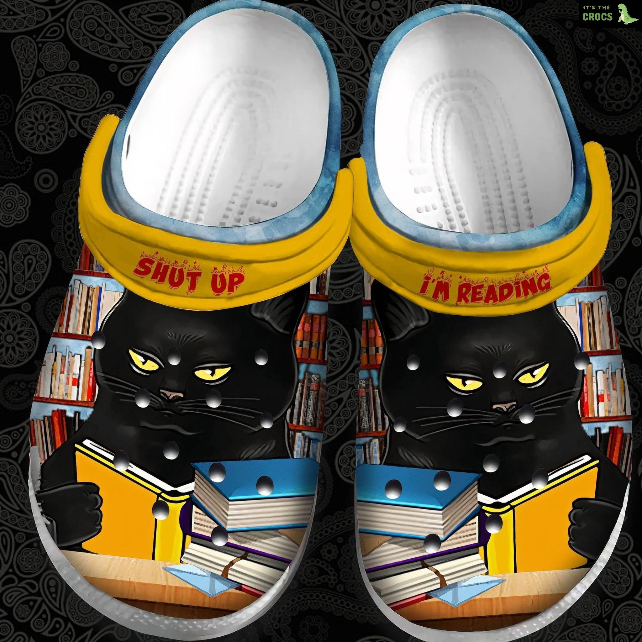 Black Cat Love Read Crocs Clog Shoes – Shut Up Im Reading Outdoor Crocs Clog Shoes Birthday Gift For Men Women