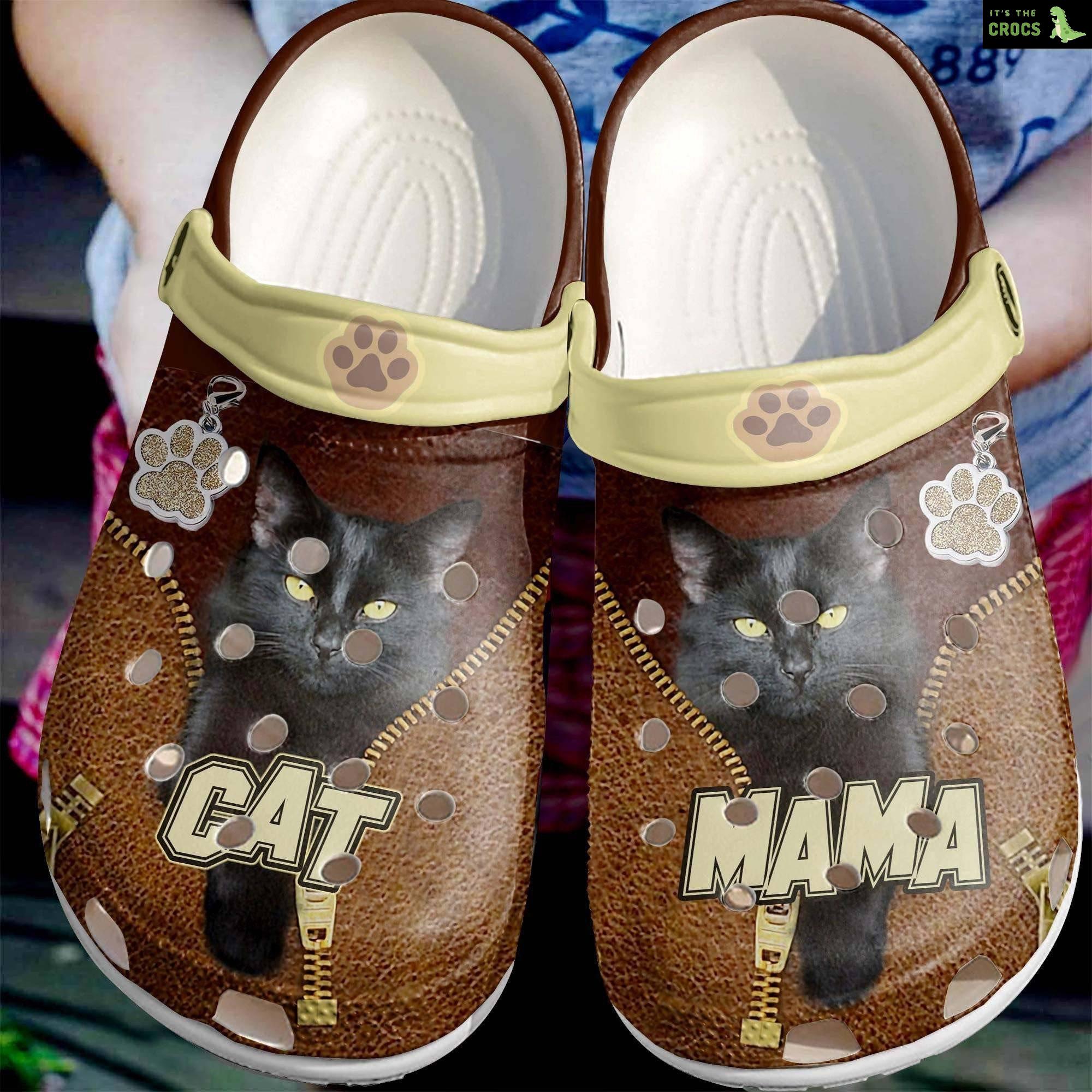 Black Cat Mama Leather Zipper Crocs Shoes Clog Gift For Female