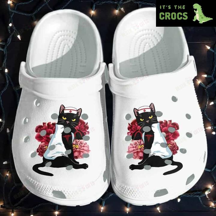 Black Cat Nurse Lover Flower Tattoo Crocs Classic Clogs Shoes