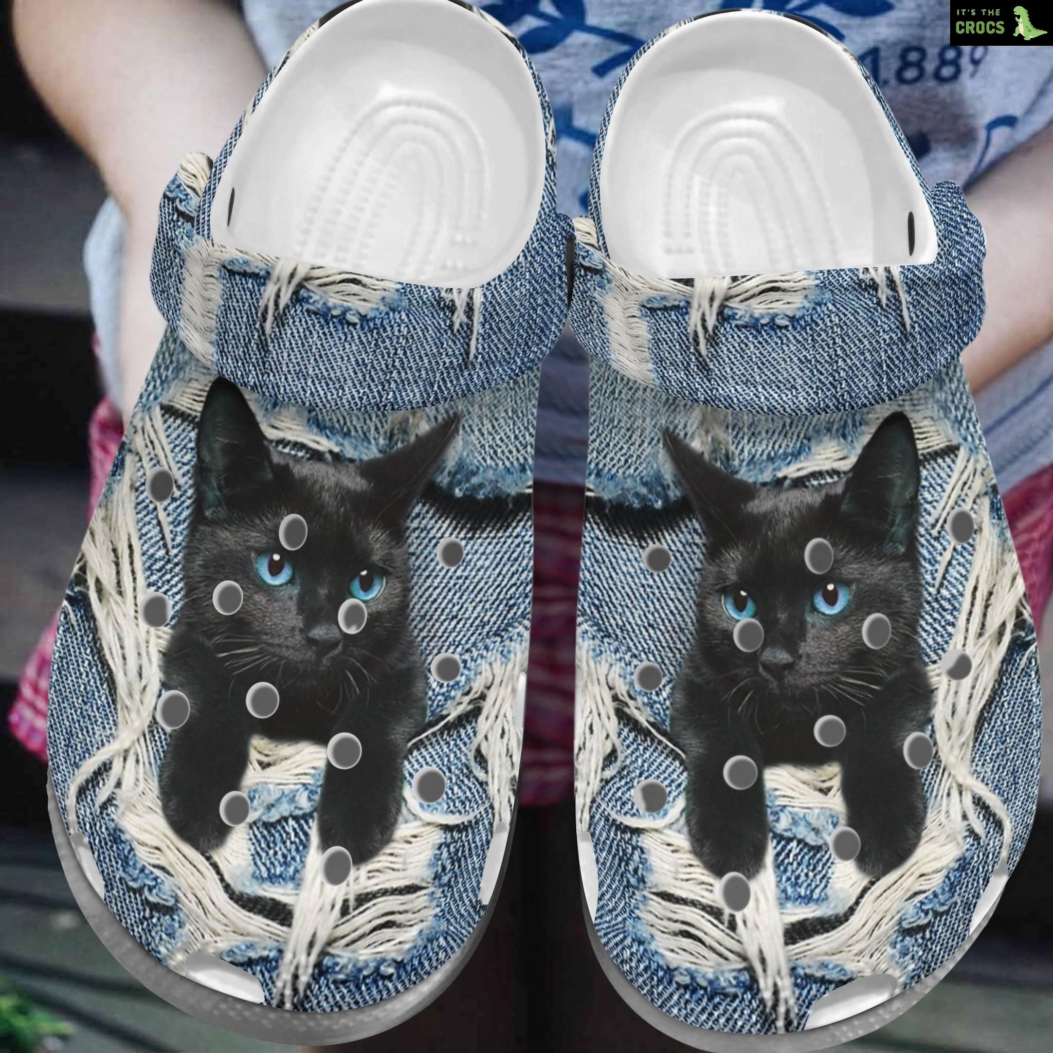 Black Cat Scratch Jean Crocs Shoes – Little Animal Clog Birthday Gift For Men Women