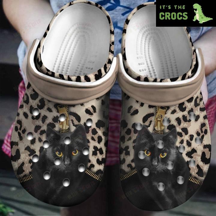 Black Cat Zipper Leopard For Cat Lovers Crocs Classic Clogs Shoes
