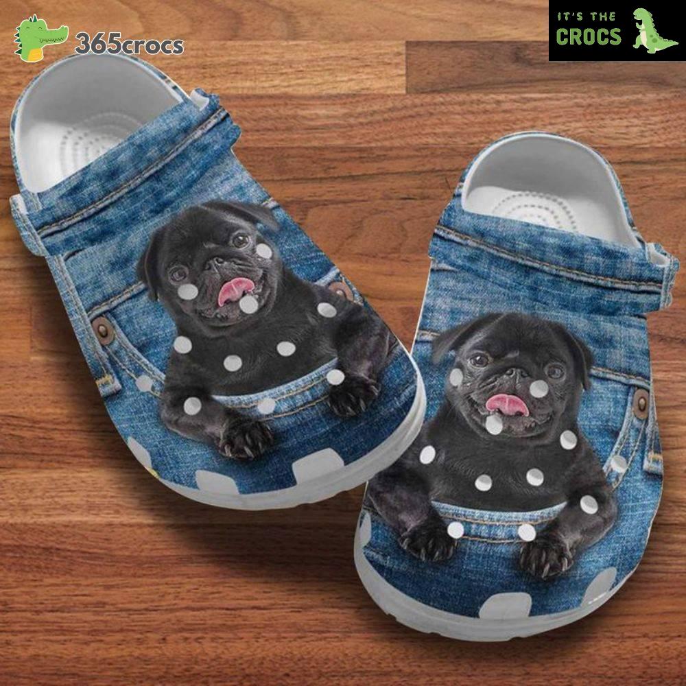 Black Pug Dogs, Pug Dog In Pocket Classic Clog, Gift For Crush Crocs Clog Shoes