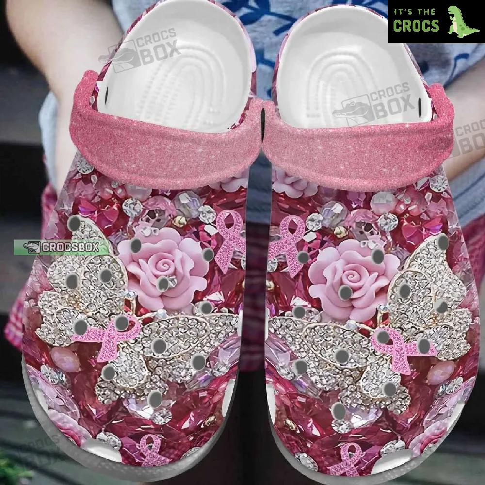 Breast Cancer Butterfly Rose Crocs Clogs