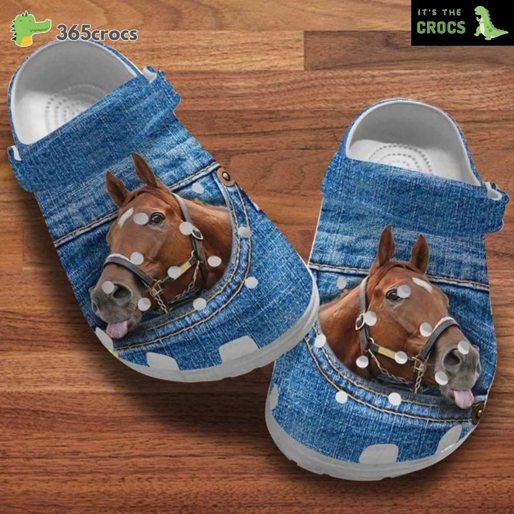 Brown Horse Denim Patterns, Funny Horse Band Clog, Gift For Horse Lovers Crocs Clog Shoes