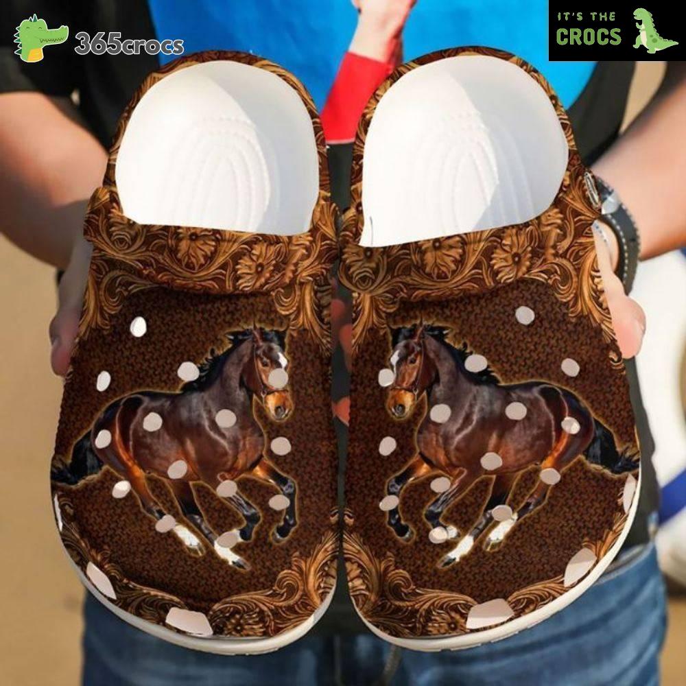 Brown Horse Lover Wooden Floral Pattern Clogs Free As A Horse Keep Running Crocs Clog Shoes