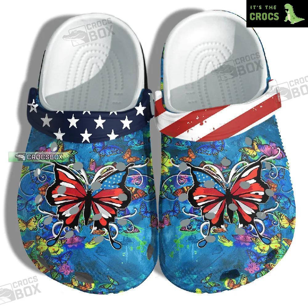Butterfly America Flag Nature Forest Blue Crocs
