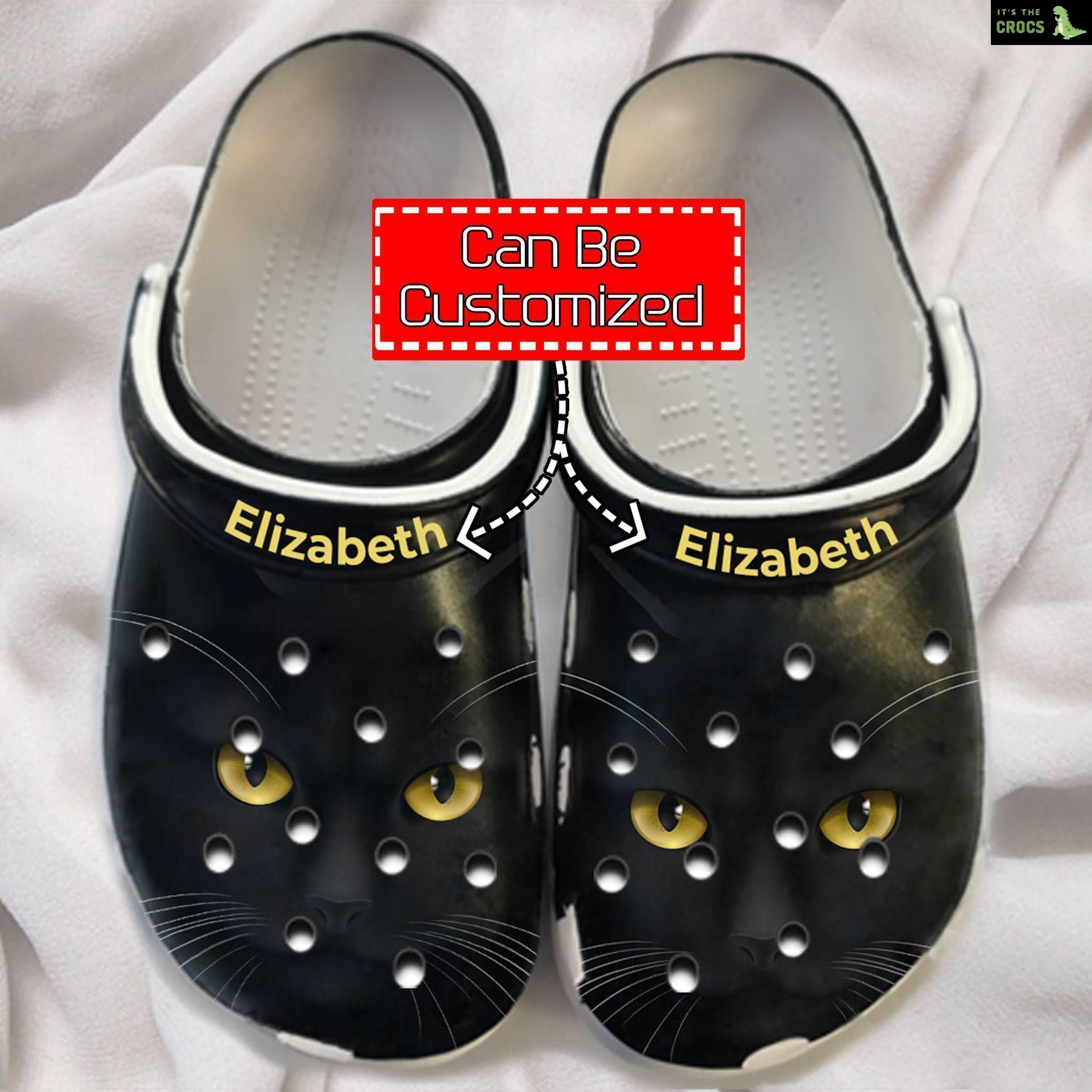 Cat Crocs Black Cat Face Print Personalized Clogs Shoes With Your Name