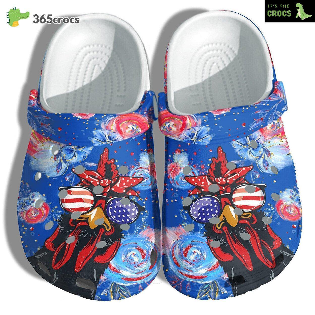 Chicken Floral America Flag Clog Shoes Celebrating 4th July Humorous Attitude