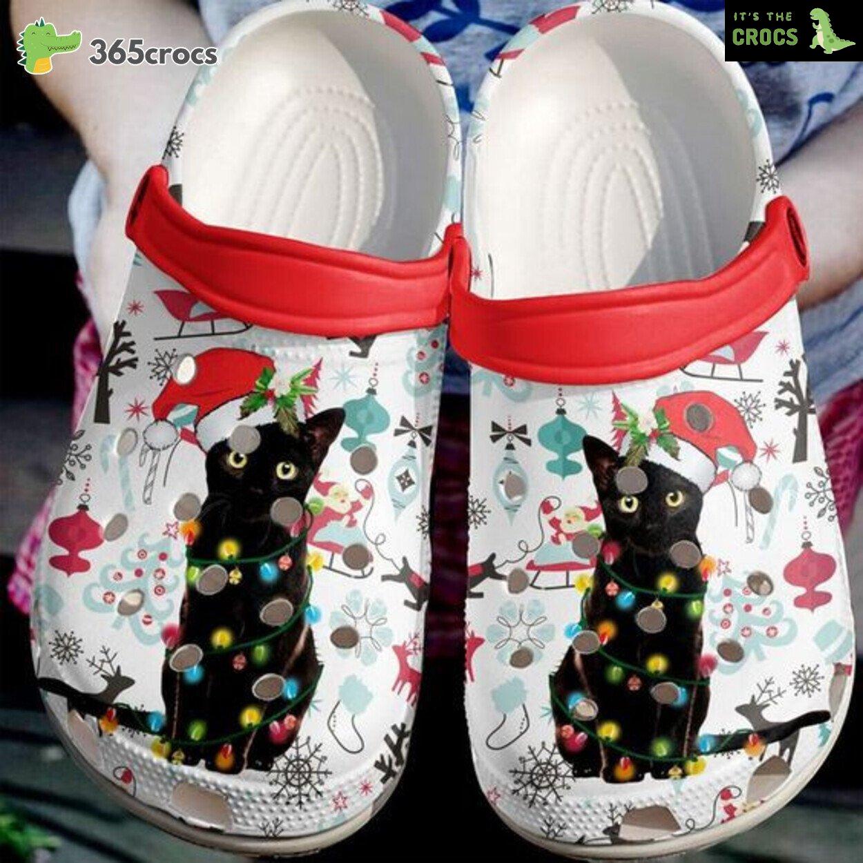 Christmas Festive Black Cat in Santa Hat Design on Comfortable Clog Shoes