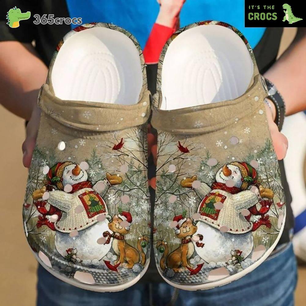 Christmas Snowman With A Cat Winter Snow Croc For Cat Lovers Crocs Clog Shoes