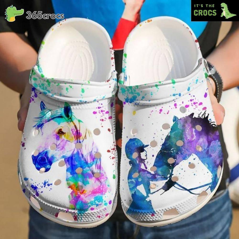 Colorful Purple Art Girl With Horse Racing For Horse Girl Crocs Clog Shoes
