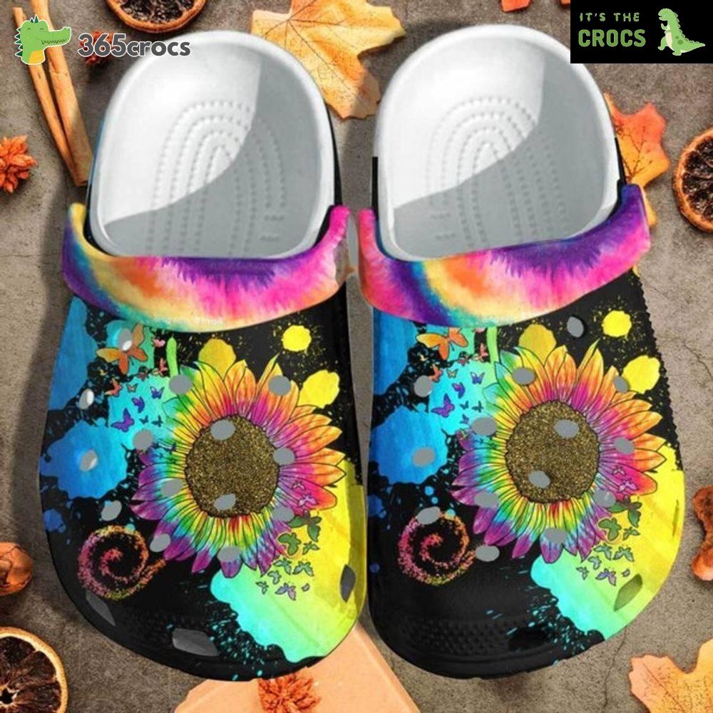 Colorful Sunflower Hippie Butterfly Custom Shoes Hippie Girl Outdoor Hippie Mom Crocs Clog Shoes