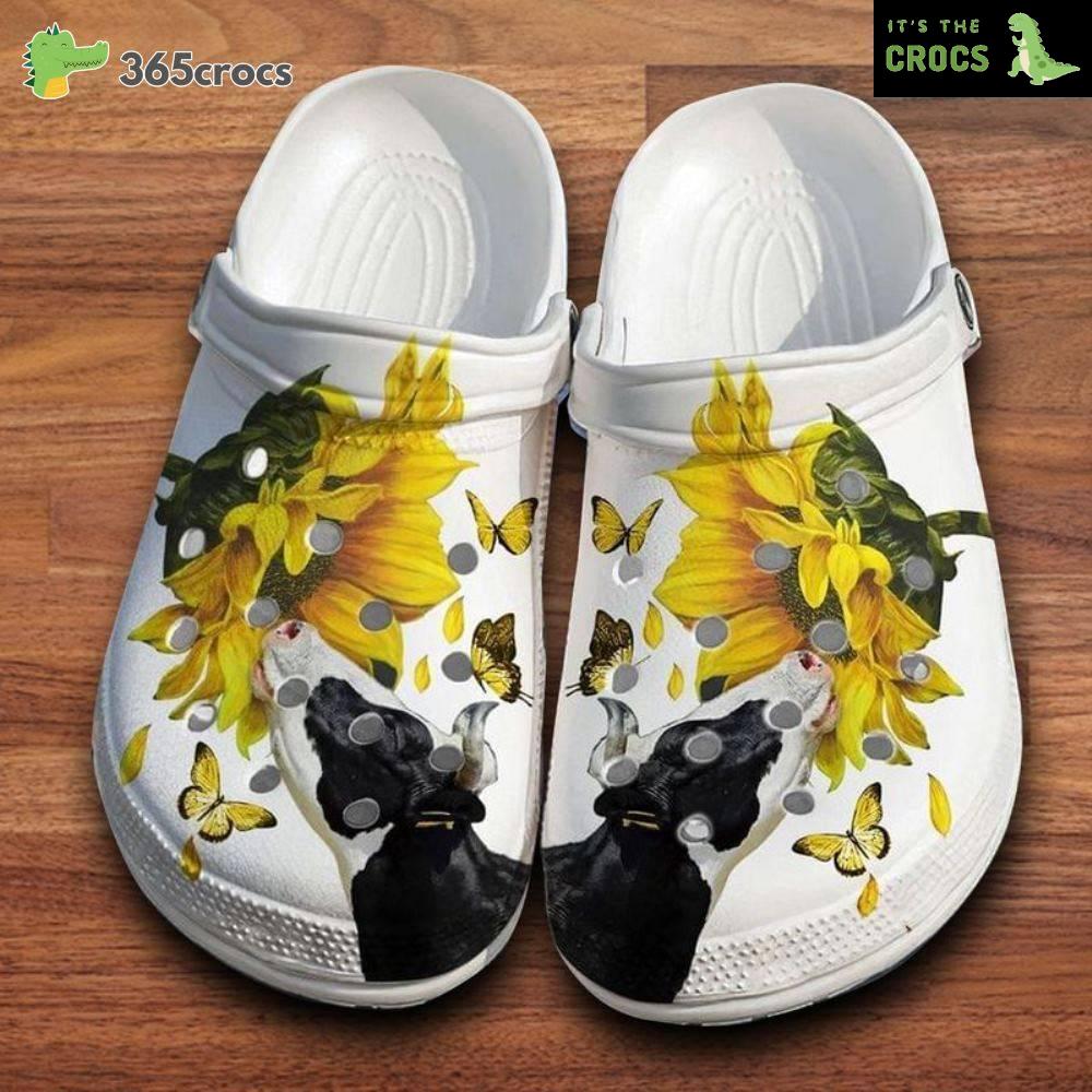 Cow With Sunflower, Milk Cow And Butterflies Croc, Cattle Croc, Animal Clog Crush Crocs Clog Shoes