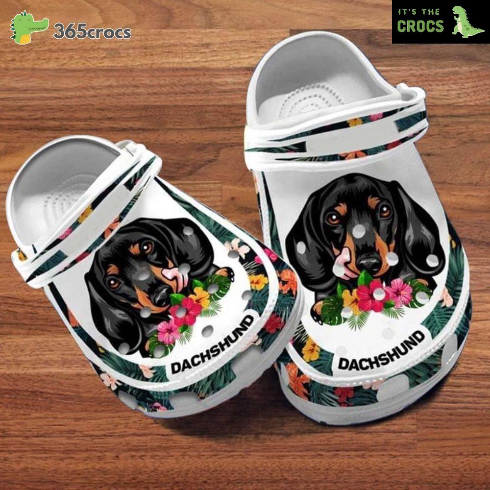 Custom Name Dachshund Slippers Dog Mom Hibiscus Flowers Dachshund Family Crocs Clog Shoes