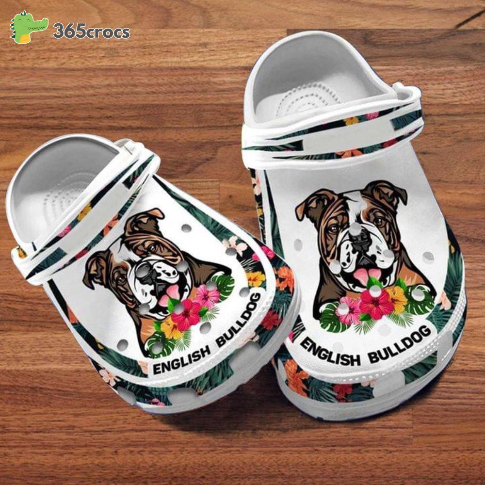 Custom Name English Bulldog Slippers Dog Mom Hibiscus Flowers Crocs Clog Shoes
