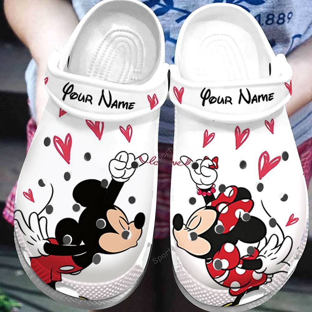 Custom Name Mickey Minnie So Cute Love Couple White Clogs Crocs Shoes