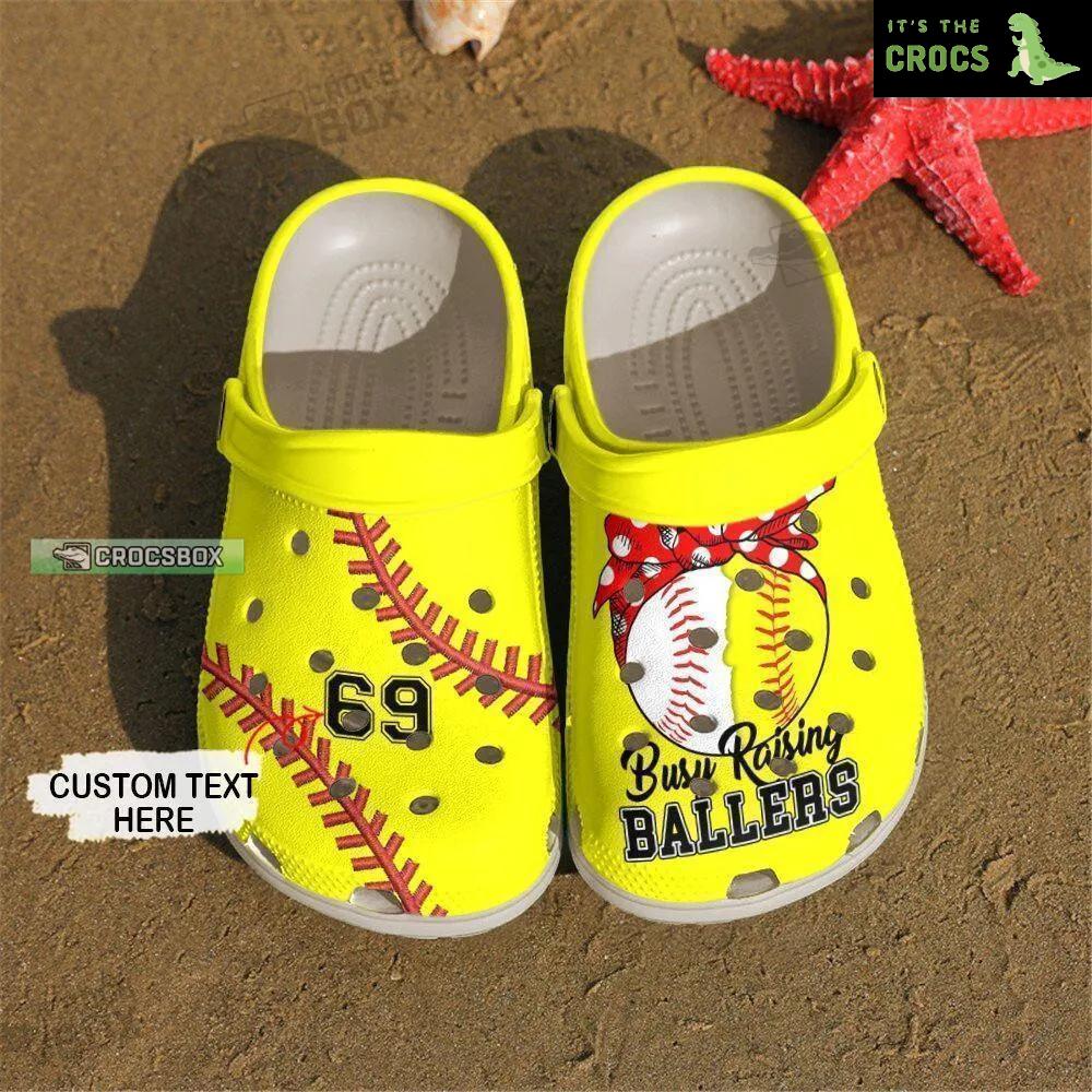 Custom Number Busy Raising Ballers Softball Baseball Mom Yellow Crocs