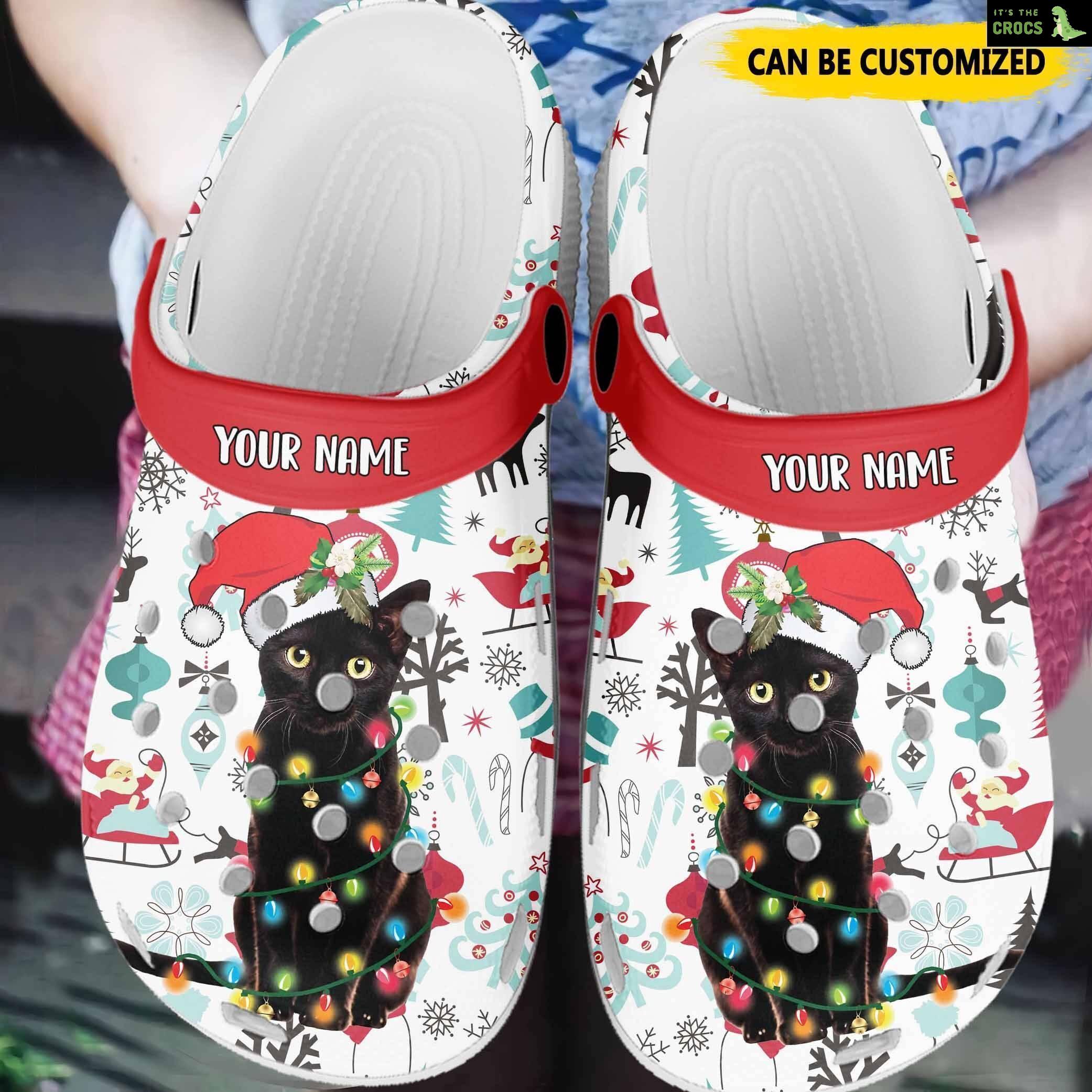 Customized Name Black Cat Christmas Lights Crocband Clogs Shoes Gift