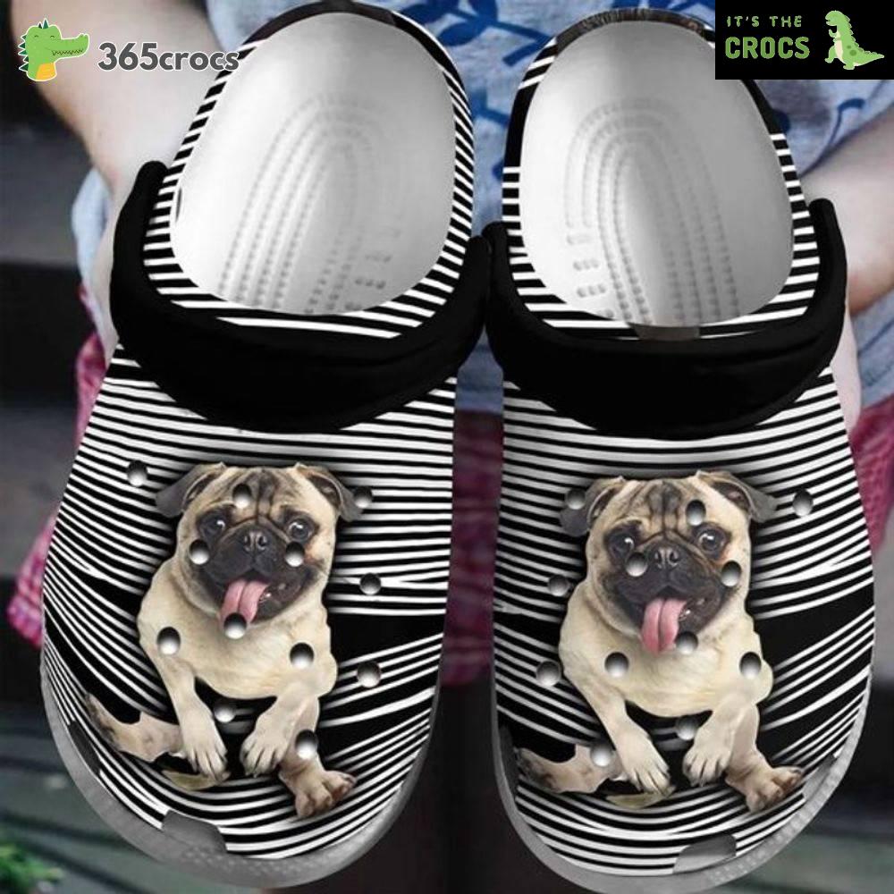Cute Pug Stick Out Tongues Dog Lover Dog Paw Dog Get Stuck Dog In Stripes Crocs Clog Shoes