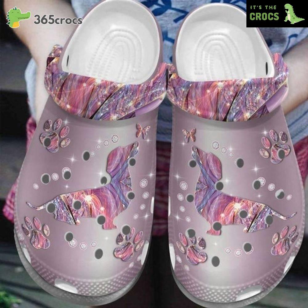 Dachshund Puppy Butterflies Pink Hologram Pattern For Dachshund Mom Crocs Clog Shoes