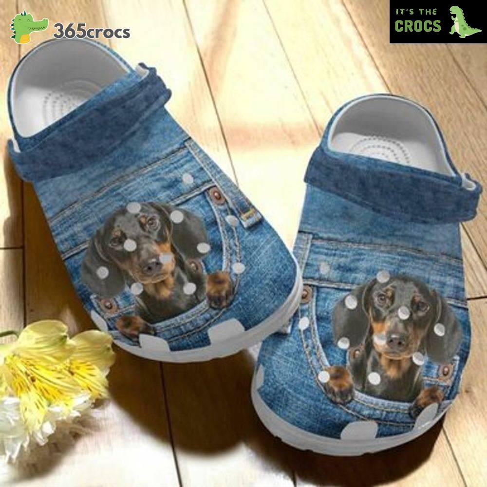 Dachshund Puppy In Jeans Pocket Pattern Happy International Dog Day Crocs Clog Shoes