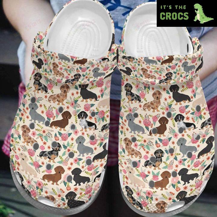 Dachshund White Sole Dachshund Over Flowers Crocs Classic Clogs Shoes