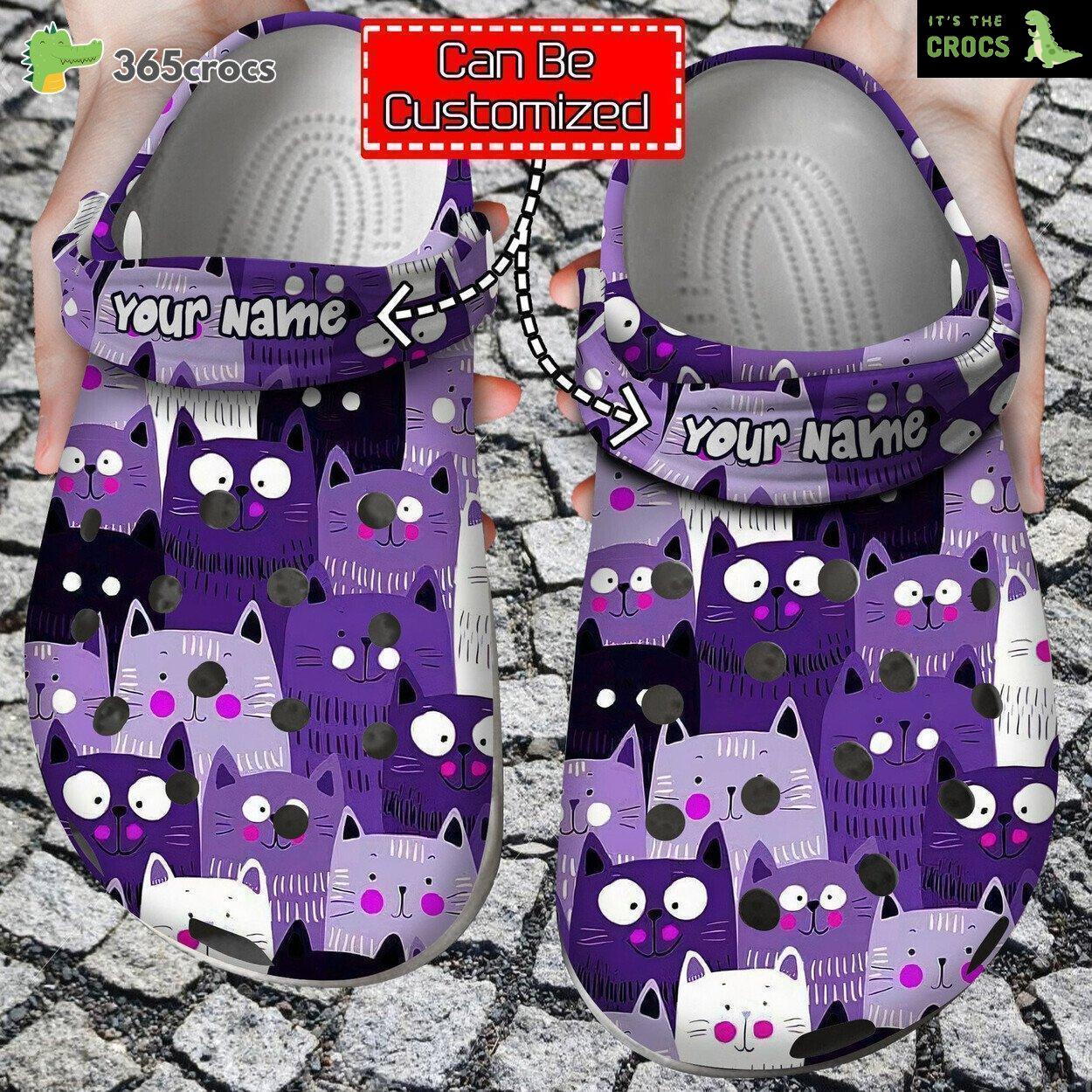 Dive into Feline Charm Cat Themed Purple Pattern Personalized Clog Shoes