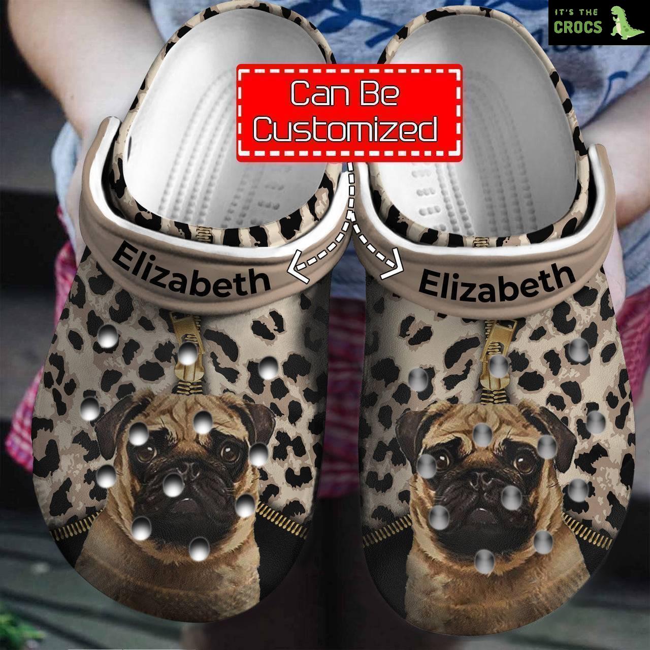Dog Pug Lovers Personalized Clogs Crocs Shoes With Leopard Pattern