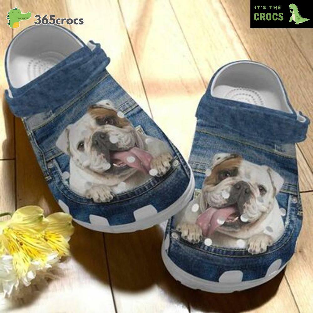 English Bulldog In Jean Pocket Clogs Cute Dog My Pet Is Always By My Side Puppies Crocs Clog Shoes
