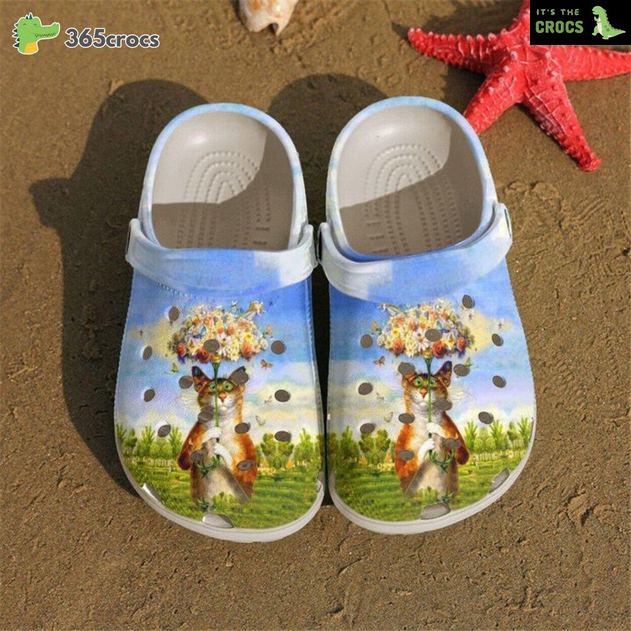 Feline Love Flowery Cat Design Captured on Classic Clogs Shoes