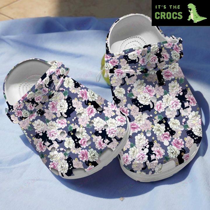 Floral Black Cat Crocs Classic Clogs Shoes